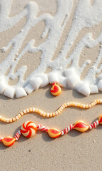 Naklejka premium Candy decorations lay on a tan sandy surface accented by white sugary foam creating a whimsical sweet scene.