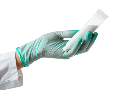 A scientist in a lab coat holds a small tube of white substance while wearing green gloves isolated on transparent background