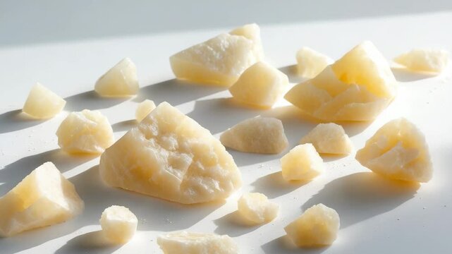 Isolated chunks of Parmesan cheese arranged on a white background. Fragments. Design element for packaging with clipping path.