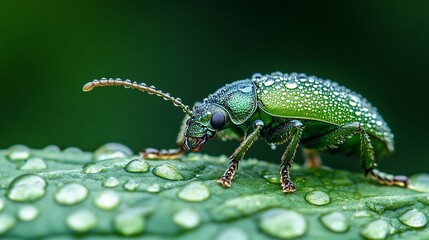 Naklejka premium Green beetle on dew-covered leaf in garden