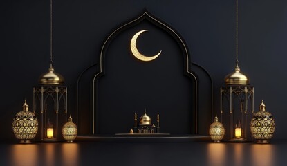 Obraz premium Dark, elegant, Islamic Ramadan display with lanterns, crescent moon, and mosque