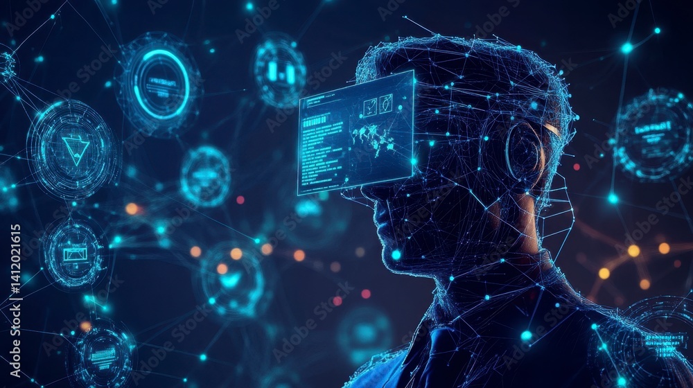 Poster a person wearing a vr headset is surrounded by glowing digital icons and data streams in a dark sett