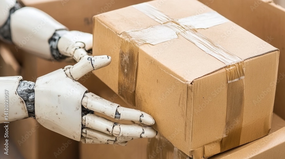 Poster robotic hands carefully place a cardboard box into another, showcasing automated logistics.