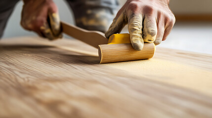 Carpenter sanding a wooden surface for smooth finishing. Featuring woodworking skills and attention to detail