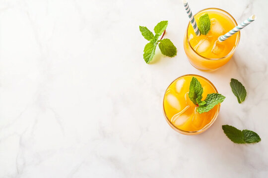 Refreshing iced orange juice drinks garnished with mint leaves on marble background