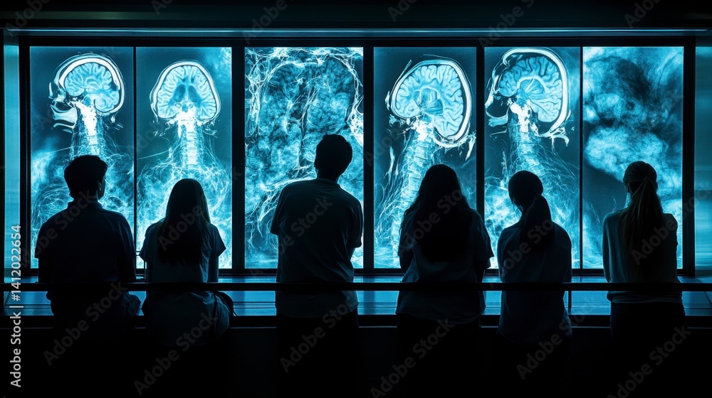 Poster silhouetted figures observe large screens displaying intricate, glowing brain scans in a dark room.