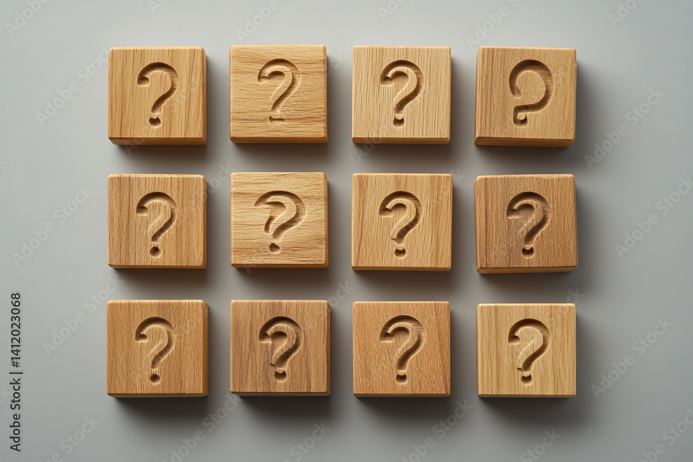 Aufkleber wooden blocks with question marks arranged in a grid uncertainty questions riddle puzzle
