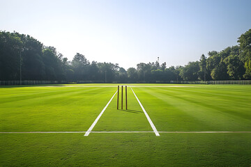 Cricket pitch field with stumps on green grass stadium, professional sports ground preparation concept, empty match venue perspective, outdoor athletic competition environment, practice training backg