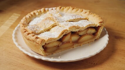 An appetizing apple pie with a crisp pastry and freshly baked fruit filling, ready to be savored. The golden crust and the dusting of powdered sugar add to its mouth-watering appeal.