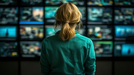 Woman with blond hair in teal shirt standing before a large video wall of diverse screens.
