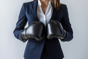 Businesswoman in a navy suit wearing black boxing gloves, ready for a challenge.