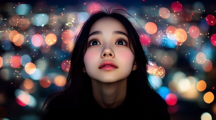 Young woman looking up at colorful bokeh lights at night