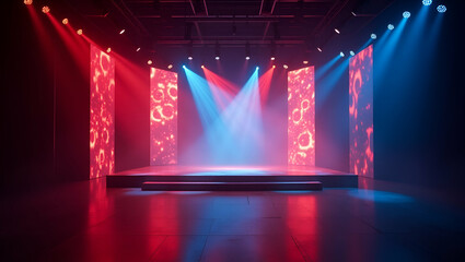 Develop a dynamic Eurovision stage visual that integrates dramatic lighting innovative set design and contemporary elements to create an unforgettable performance backdrop. in  Photo Stock  Concept  a