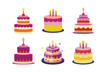 Colorful birthday cake set vector icon on white background. illustration design