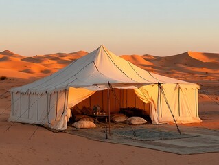 Luxurious White Canvas Tent with Moroccan Pillows and Rug in Desert Dunes at Sunset