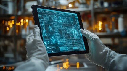 Scientist Holding Tablet with Digital Blueprint in Laboratory Setting