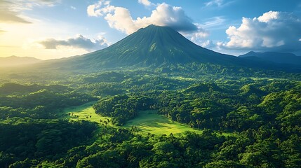 Naklejka premium Majestic Mountain Peak Rising Above Lush Green Forest Landscape Photo