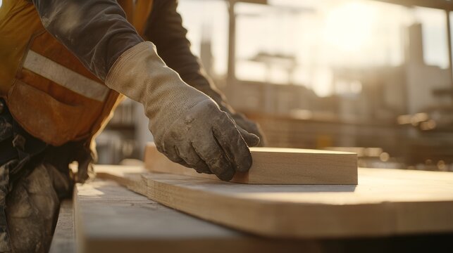Laborer organizing construction materials on a job site. Featuring efficiency and organization
