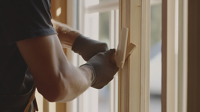 Carpenter installing trim around a window. Featuring window trim installation