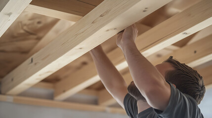 Carpenter installing wooden beams on a ceiling frame. Featuring woodworking