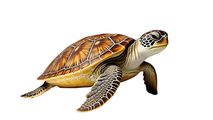 Detailed sea turtle swimming, top-down view, isolated on pure white