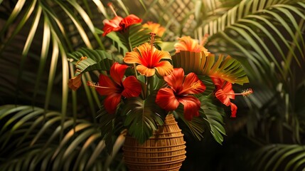 Tropical frame adorned with a woven bamboo vase filled with vibrant hibiscus flowers and bird of paradise blooms, surrounded by lush palm fronds. 