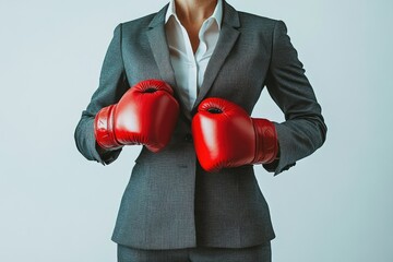 Businesswoman in a suit wearing boxing gloves, ready to compete and fight.