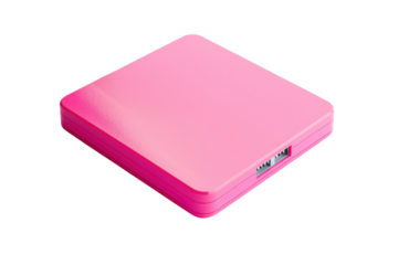A vibrant pink compact resting on a sleek surface, radiating playfulness in bright light isolated on transparent background