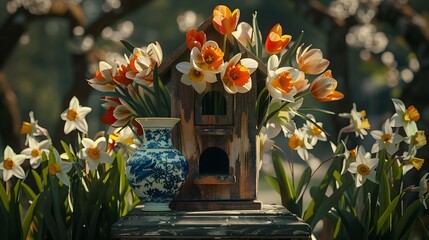 Beautiful frame design with a  vase holding tulips and daffodils, arranged around a charming wooden birdhouse in a garden setting. 