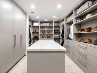 An expansive walk-in closet with a central island and ample storage for accessories and shoes - sneakers spacious shoes