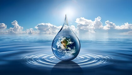 A stunningly realistic crystal-clear water droplet floating on the surface of a vast.