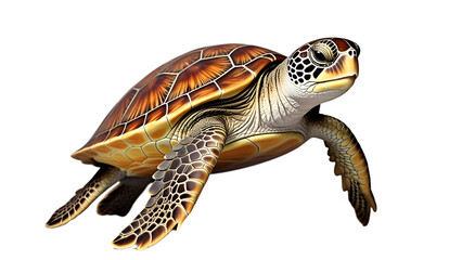 Detailed sea turtle swimming, top-down view, isolated on pure white