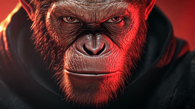 Intense Gaze: A Chimpanzee in Red Light