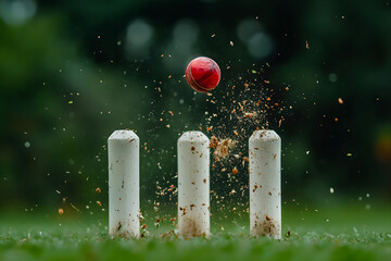 Cricket ball hitting stumps in mid air action moment, fast bowling wicket break close up, professional cricket sports impact concept, dramatic motion splash on green field background, competitive matc