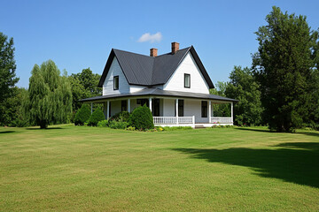 Obraz premium White farmhouse with black roof on a sunny day surrounded by green lawn and trees