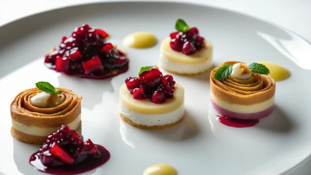 Close-up of beetroot carpaccio with stracciatella cheese. Vegetarian dish paired with pear mousse and pine nuts. Gourmet presentation on a white background. Appetizing starter served and arranged.