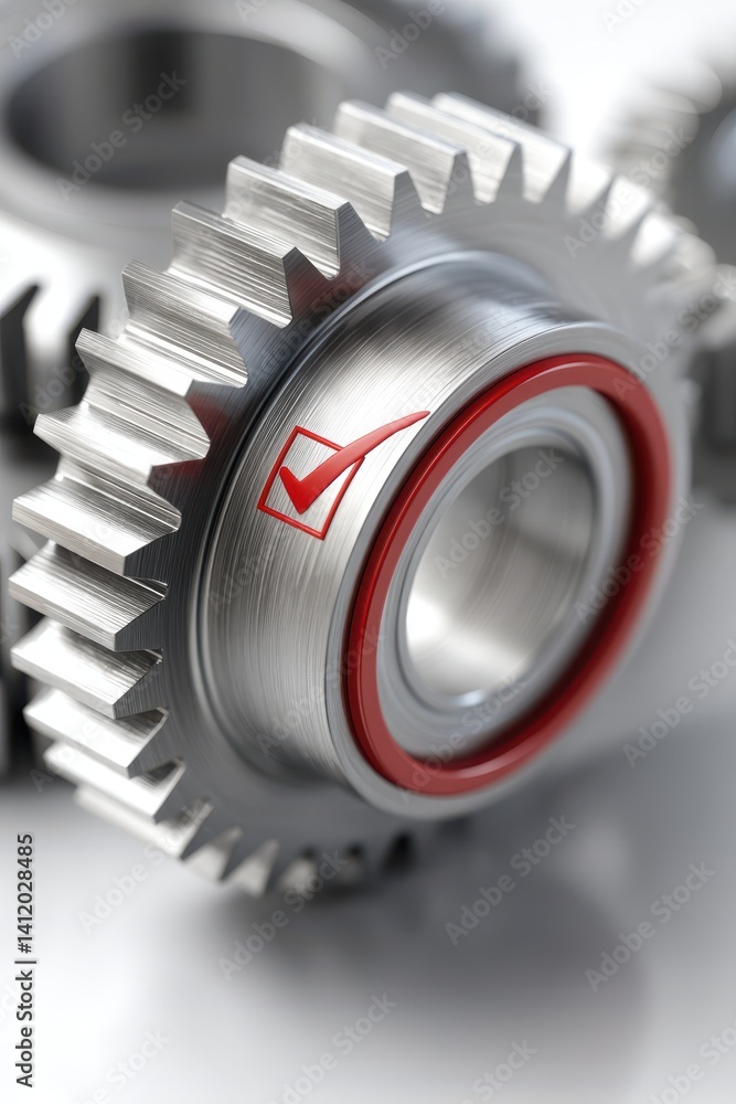 Poster a close-up of a metallic gear with a red-check mark, symbolizing precision and mechanical efficiency