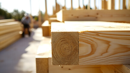 Carpenter measuring and cutting wooden beams for a framing project. Featuring skilled craftsmanship