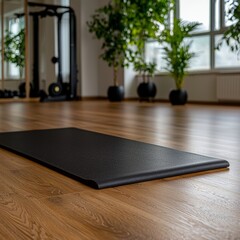 Black Exercise Mat on Wood Floor in Gym, Fitness Training Space, Indoor Studio