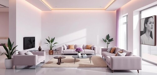 Fototapeta premium Lilac minimalist living room, modern decor, sleek furniture, neutral accents, lines, modern minimalist