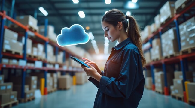 Inventory management with real-time tracking concept. A woman using a tablet in a warehouse, with a cloud graphic indicating digital technology integration in logistics.