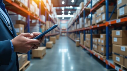 Inventory management with real-time tracking concept. A person using a mobile device in a warehouse filled with packed boxes, highlighting logistics and inventory management.