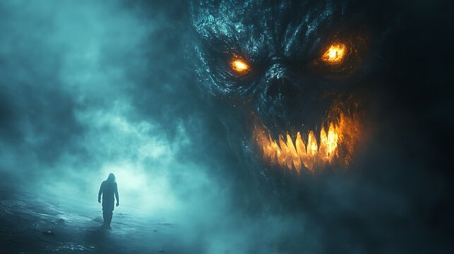 Man Facing A Giant Monster In A Misty Landscape Scary Photo