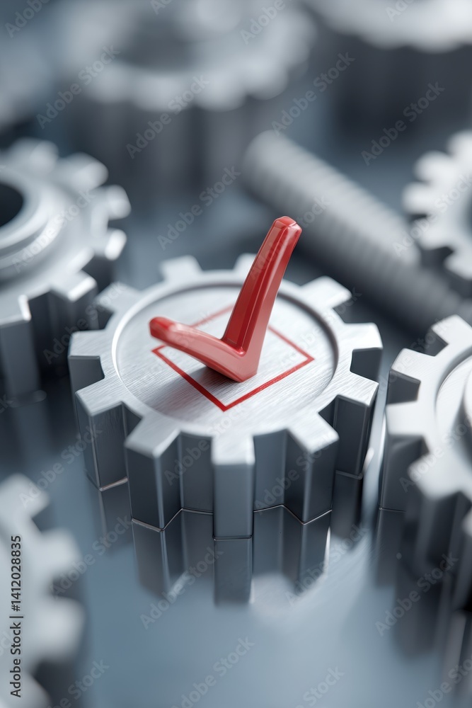 Poster a close-up of metallic gears with a red checkmark symbolizing completion or approval in a mechanical