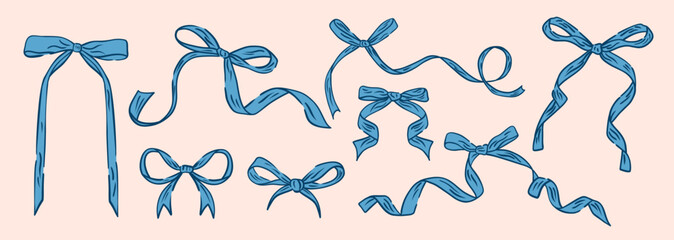 Set coquette blue bows. Bow and ribbon for wedding, birthday, gift, christmas cards, poster, frames. Hand drawn vector elements