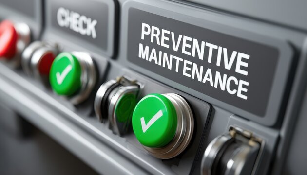 A close-up of control buttons labeled "CHECK" and "PREVENTIVE MAINTENANCE" featuring green lights, indicating operational status and maintenance necessity.