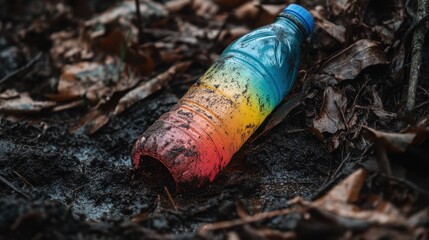 Obraz premium A colorful, discarded plastic bottle lies in muddy ground among fallen leaves, highlighting environmental pollution.