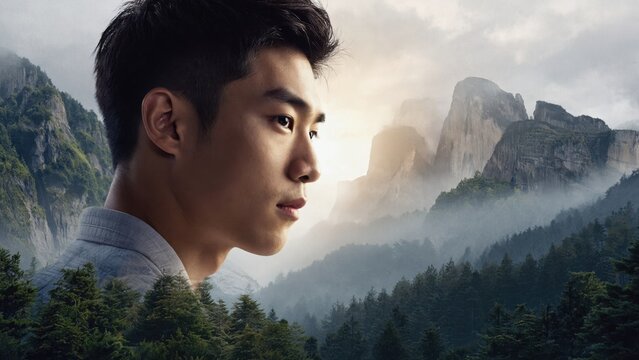 Vigorous male athlete in mountain landscape, promoting outdoor activities and exploration.