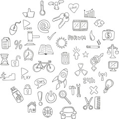 Simple sketch line style elements. Draw cute ink pen line elements isolated on white background. Icon set. Doodle style. Vector illustration.
