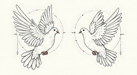 Obraz premium Two Flying Doves with Geometric Ornaments in Minimalist Line Art
